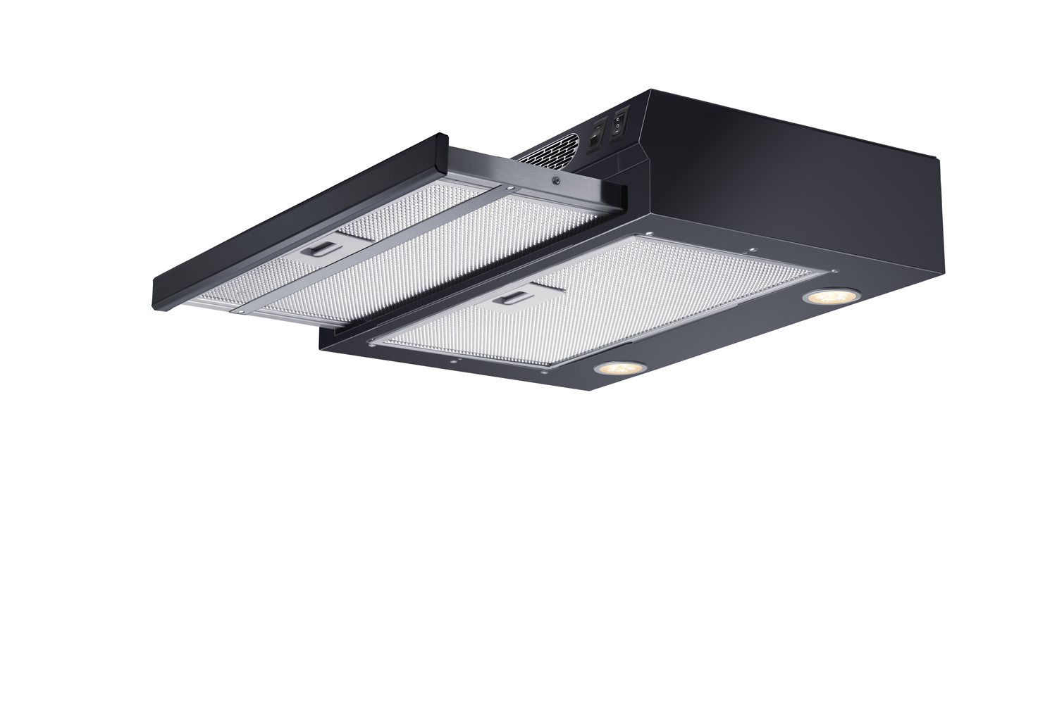 20 inch wide under cabinet retractable range hood for ductless use in black, made in the USA with power cord included